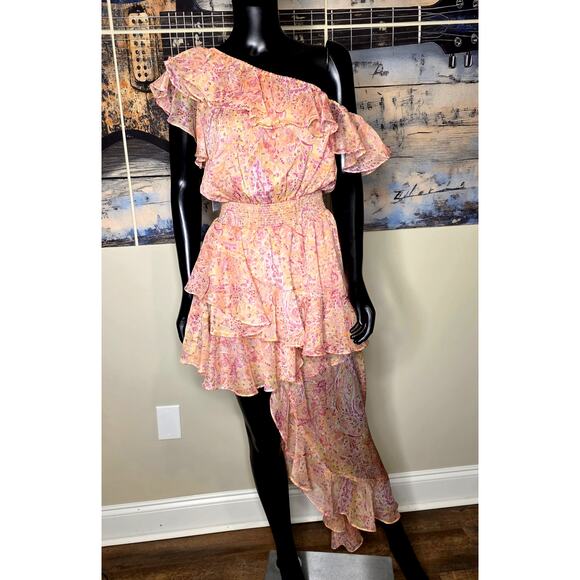 MISA Los Angeles Gisele Asymmetric Pink off Shoulder Floral Dress - Picture 1 of 14
